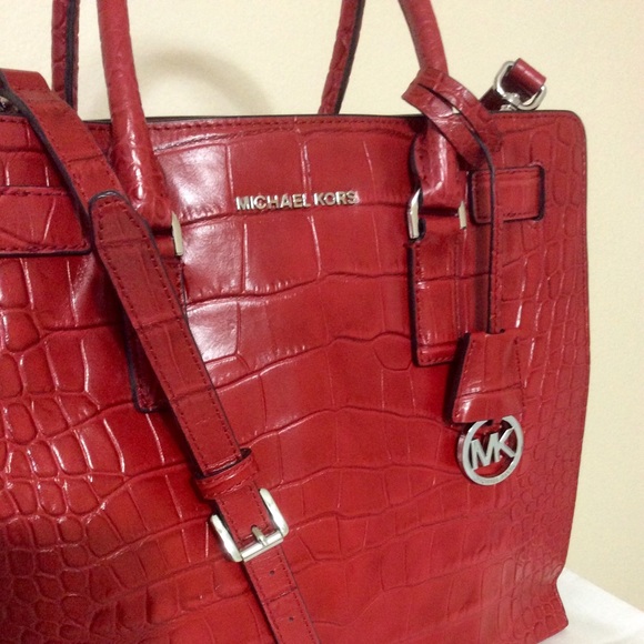 Michael Kors Lg Dillon Croc Embossed Leather Red Tote - Picture 7 of 12